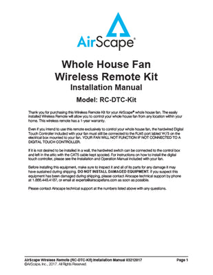 Wireless Remote RC-DTC Installation/Operation